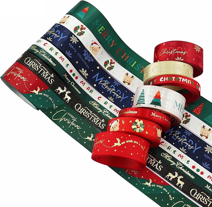 Christmas Gift Wrapping Ribbon, Red, Green, 2 Rolls Printed Grosgrain Ribbons for Crafts, Floral Bouquets, Sewing, Party and Festive Holiday Decor (2 Rolls(White/Red) A, 1 Rolls=3/8in * 10Yards)