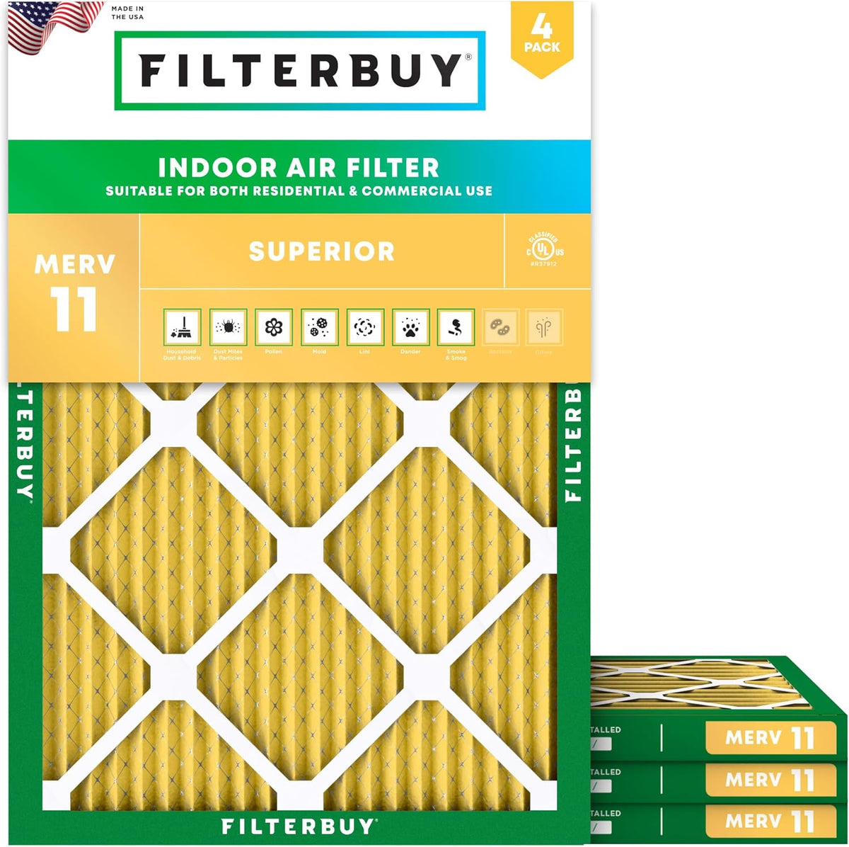 Filterbuy 20x21x1 Air Filter MERV 11 (MPR 1200) Allergen Defense Replacement (4-Pack), Electrostatic Pleated HVAC AC Furnace Filters, Made in USA (Actual Size: 19.50 x 20.50 x 0.75)