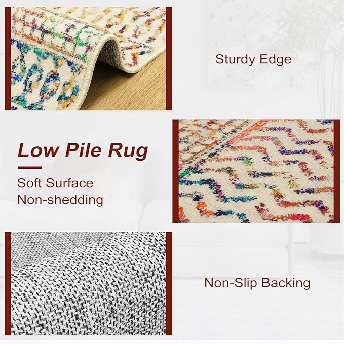 Moroccan 3x5 Rug,Ultra Soft Area Rugs for Living Room Non-Slip, Low-Pile Retro Distressed Colorful Nursery Rug for Kitchen Entryway Bedroom Living Room Office Carpet