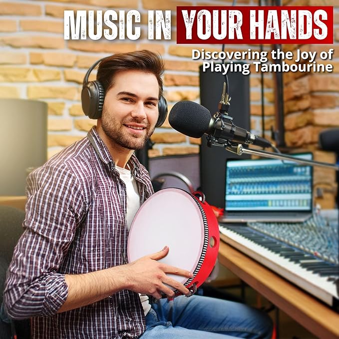 Flexzion Wood Handheld Tambourine 8" Inch Single Row 5 Pair Jingles (2 Pack, Red) - Hand Held Percussion Drum Moon Musical Tambourine with Ergonomic Handle Grip