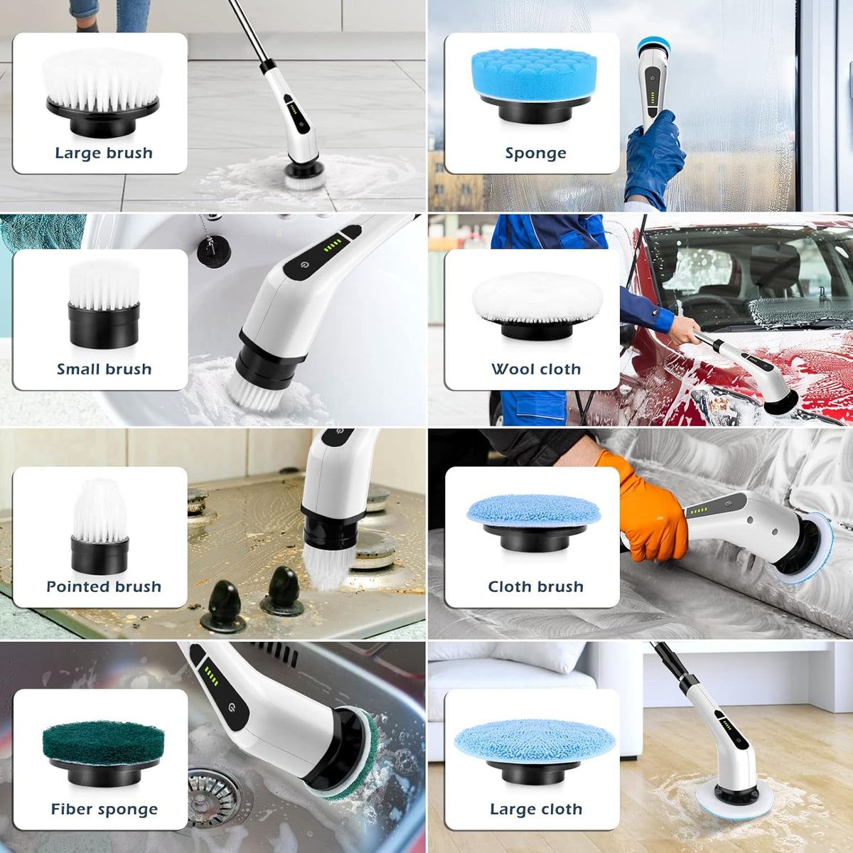 Electric Spin Scrubber, Cordless Cleaning Brush Scrubber for Home, 8 Replaceable Brush Heads-90Mins Work Time, 3 Adjustable Size, 2 Speeds for Bathroom Shower Bathtub Glass Car
