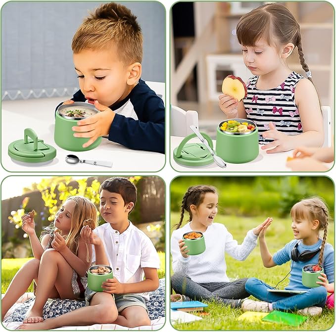 14oz Insulated Vacuum Food Jar with Buckle Lid,Soup Thermo for Hot Food Kids,Wide Mouth Leakproof Stainless Steel Lunch Container with Spoon-Green