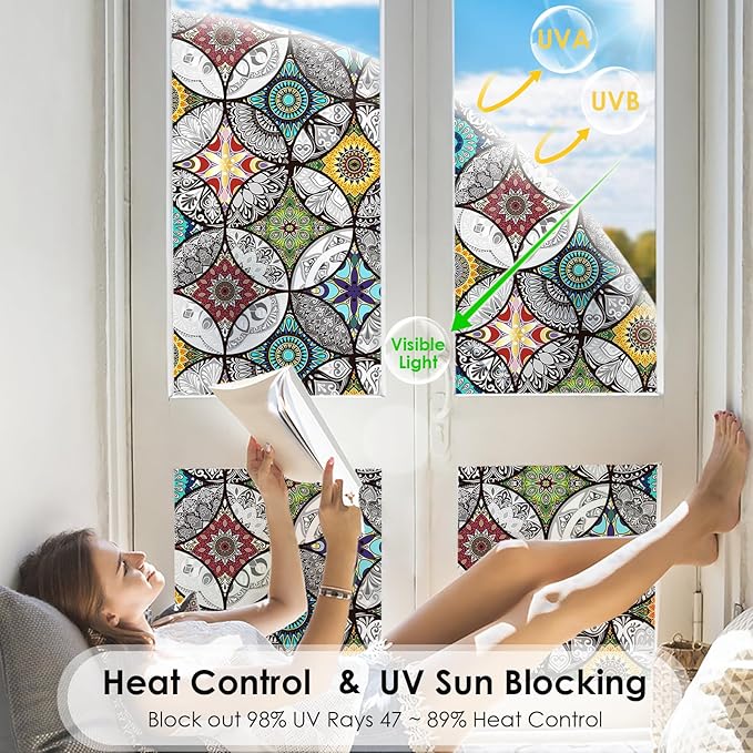 DKTIE Boho Chic Window Privacy Film with Installation Tools - Soften Light, Reduce UV Rays, Decorative Stained Glass Window Tinting Film for Home, 35.4 x 78.7Inch