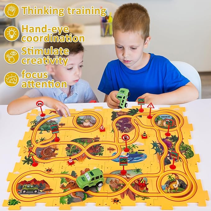 25PCS Puzzle Racer Kids Car Track Set Dinosaur Themed Series, Puzzle Track Car Play Set, Rail Car Puzzle Track, Kids Car Track, Educational Puzzle Toys Gifts for Kids Boys and Girls