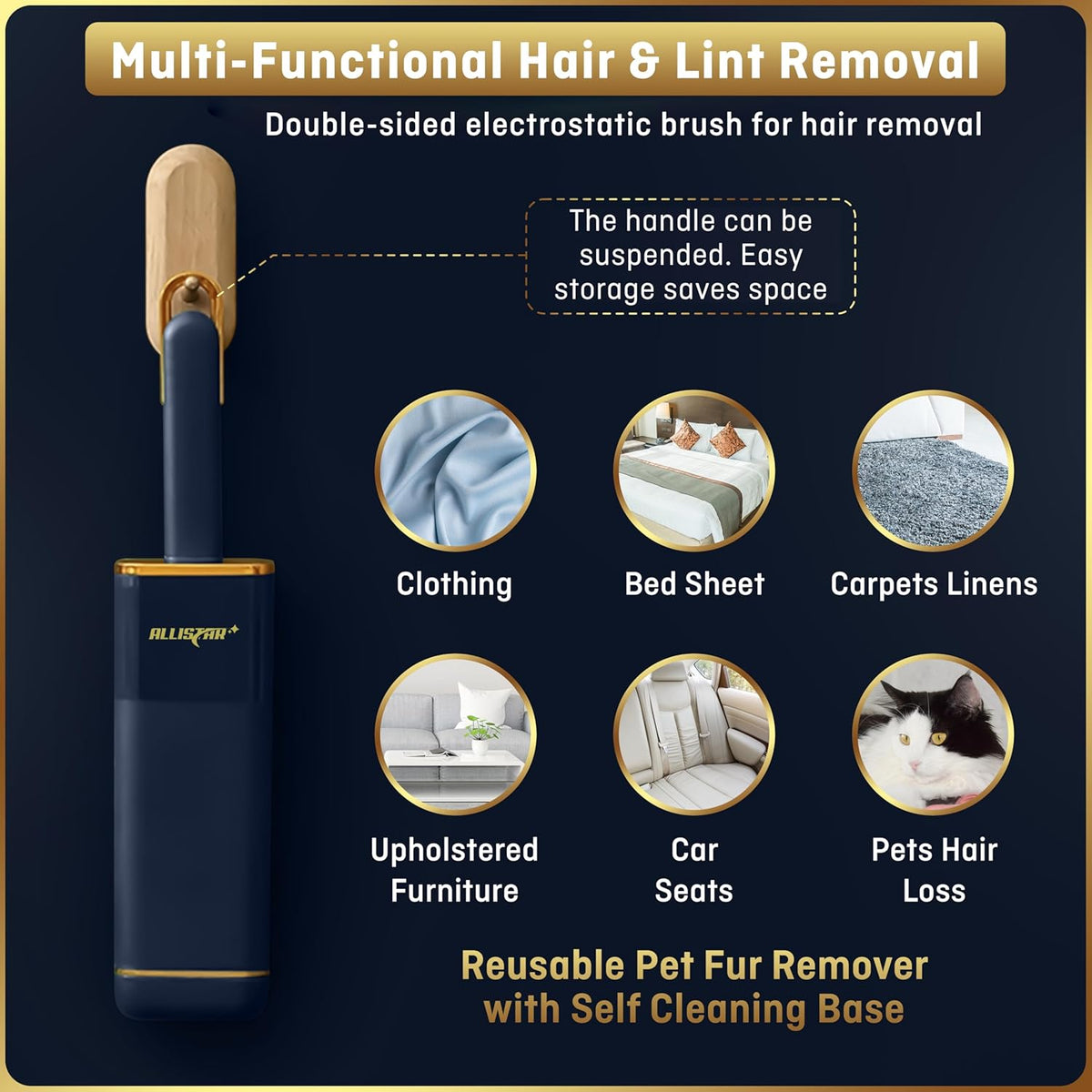 Lint Brush, Lint Remover, and Pet Hair Remover for Laundry, Clothes, Couches, Car Seats, Furniture and Fabric. Reusable Dog and Cat Fur Wizard Hair Removal Brush. ALLISTAR (Midnight Blue)