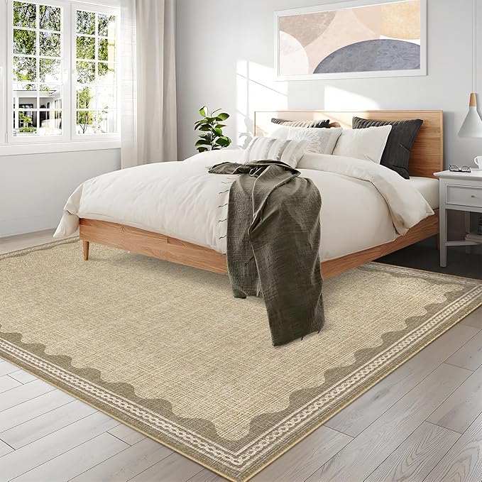 Scalloped Washable Area Rug, 6' x 9' Rectangular, Beige, Non Slip, Machine Washable, Indoor, Low Pile, Polyester, Solid, Tufted, Foldable, Stain Resistant, Shed Resistant