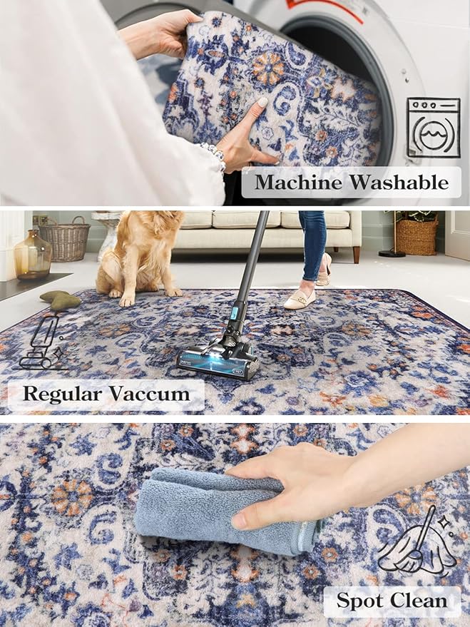 Lahome Bohemian Floral Medallion Runner Rug - 2x4 Blue Soft Bathroom Rug Runner Entry Way Mat, Washable Non Skid Laundry Room Carpet Runners for Living Room Dining Room Kitchen Entrance