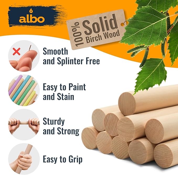 ALBO 1" x 48" Wooden Dowel Rods Set - 2 Pack Birch Natural Extra Long Hardwood Craft Sticks Stair Rails Supports Garden Structures Smooth Sanded Finish Woodworking Material DIY Furniture