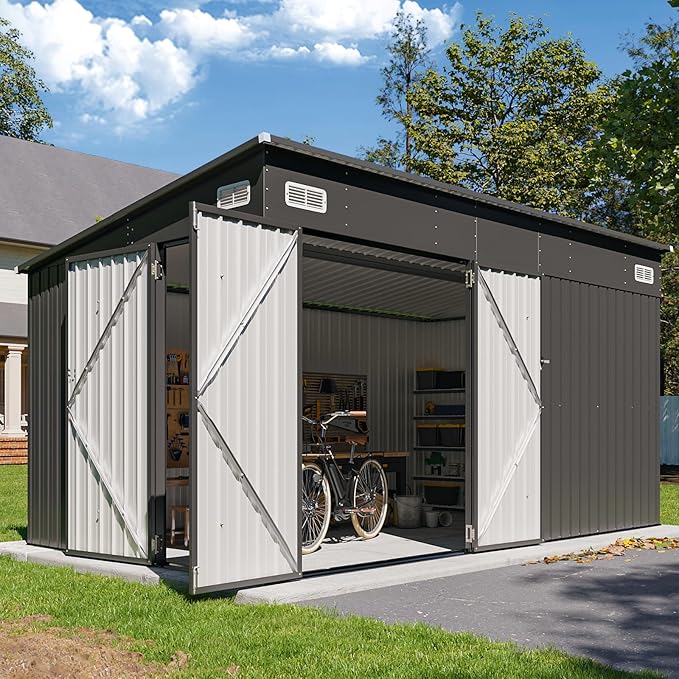 8'x12' Shed Galvanized Steel Storage Sheds with Triple Doors Utility Sheds for Vertical Storage, Dual Lock Lean to Shed with Sloped Roof for Mower, Bike, Garden Tools (Black)