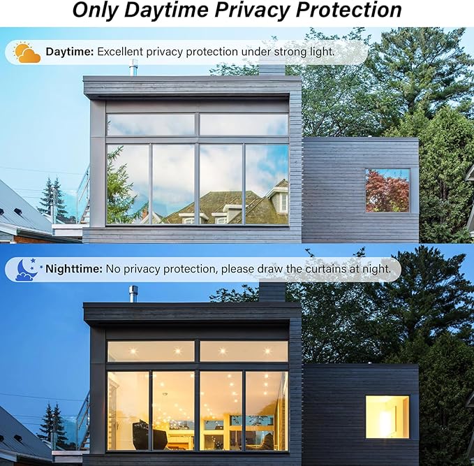 Kromapolis One Way Window Privacy Film Reflective Mirror Home Window Tint, Daytime Privacy Heat Control Anti UV Glass Tinting Static Cling (Silver, 45.2 x 157.4 inch)