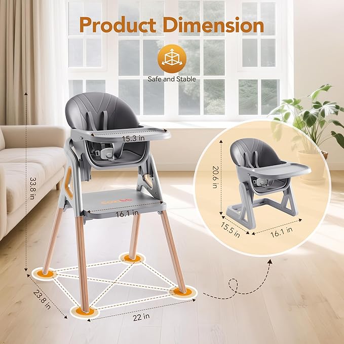 CoziBB Baby High Chair, 6 in 1 Convertible Growing Baby Highchairs for Babies and Toddlers, Baby Chair with Adjustable Dining Tray and Seat, 5-Point Safety Belt, Grey