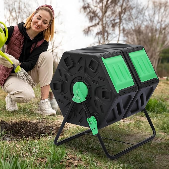 MoNiBloom 34 Gallon Compost Bins Outdoor Dual Chamber Composter Tumbler, All-Season Fast Working Tumbling Composter, High Volume Composter with 2 Sliding Doors