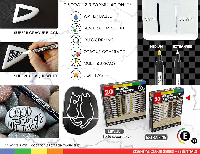 TOOLI-ART Black And White Acrylic Paint Markers Paint Pens Set For Rock Painting, Canvas, Mugs, Metal, Glass Paint, Fabric, Wood, DIY. Non Toxic, Quick Dry,Waterbas (EXTRA FINE)