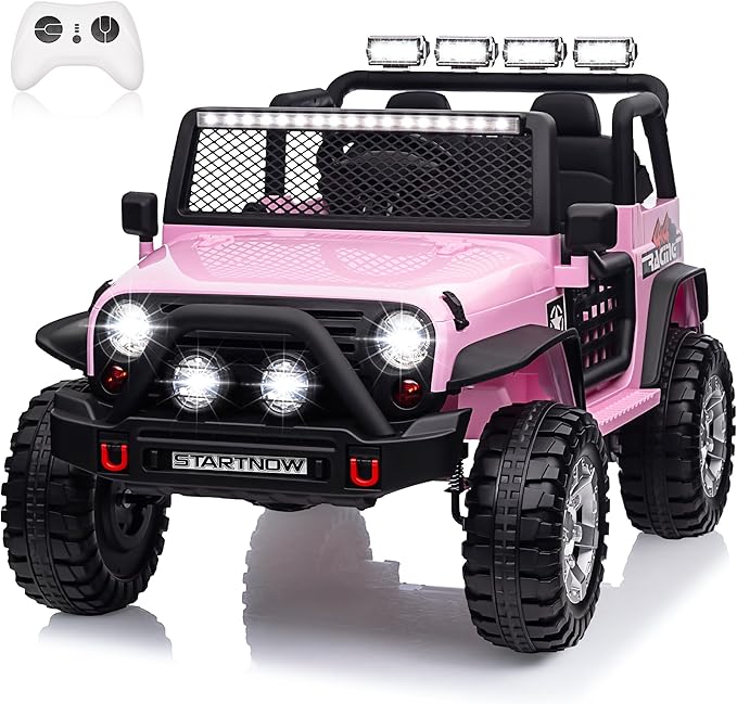24V 4WD Ride on Truck Car w/800W Motors, Gift Flower, Remote Control, 2 Seaters, Light Bar, 3 Speeds, Pop Music, Power Four Wheels, 25 Volt Ride on Toy Car for Big Kids, Pink