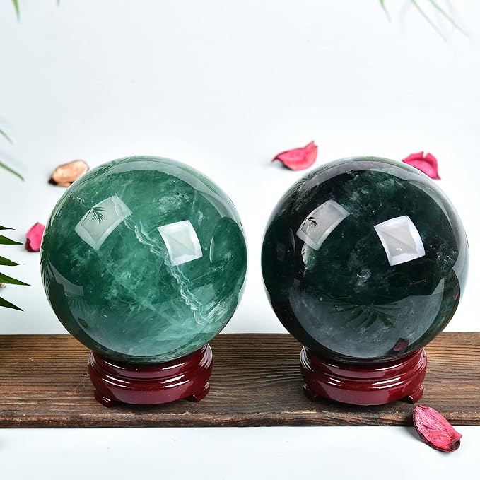 JIC Gem Large Healing Crystal Ball - Green Fluorite Sphere with Stand - Home Decoration (110-120mm)