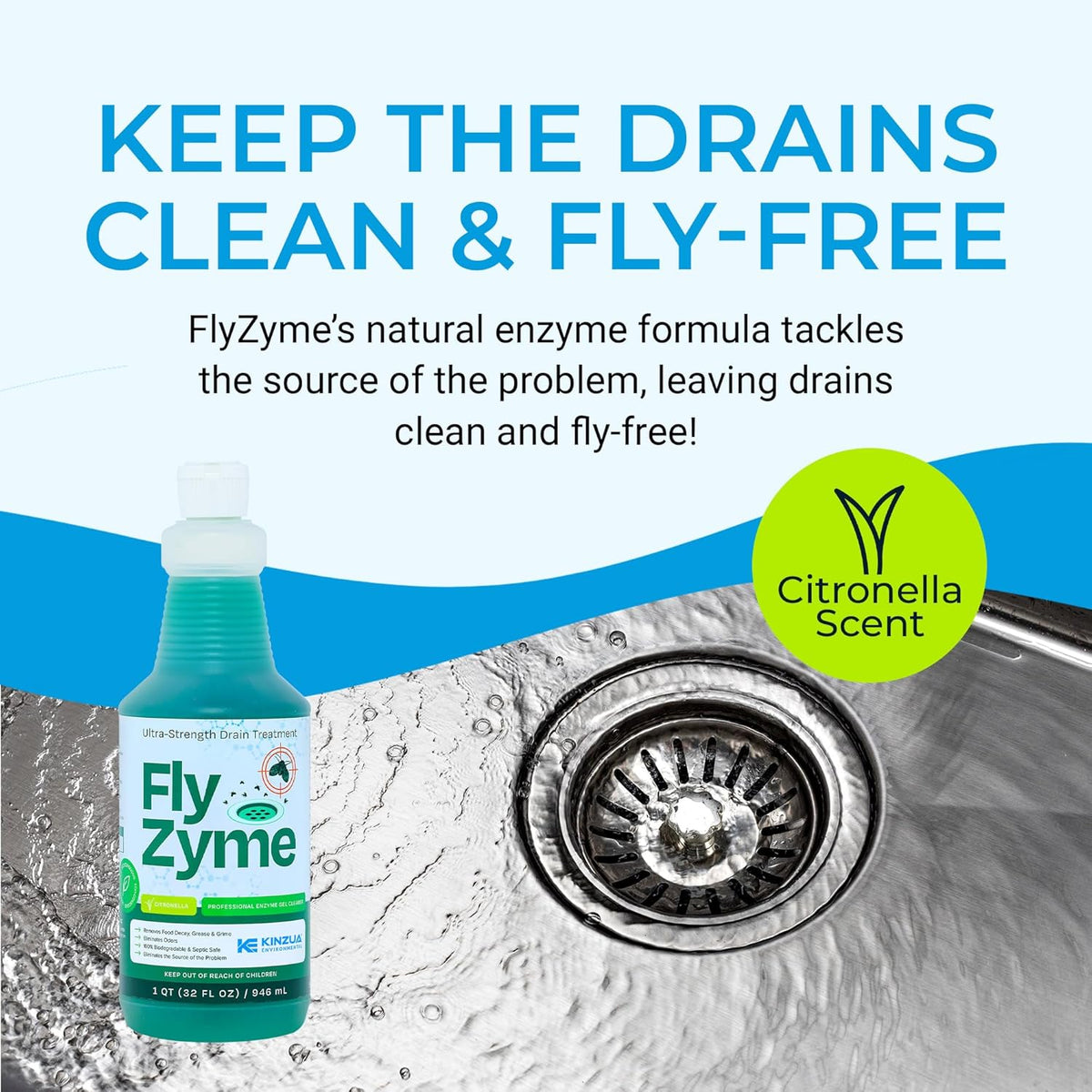 Kinzua Environmental Fly-Zyme, Highly Concentrated Enzyme Drain Cleaner for Pipes & Fruit Flies, Citronella Scented Organic Waste Degrader & Odor Neutralizer, 32 fl oz