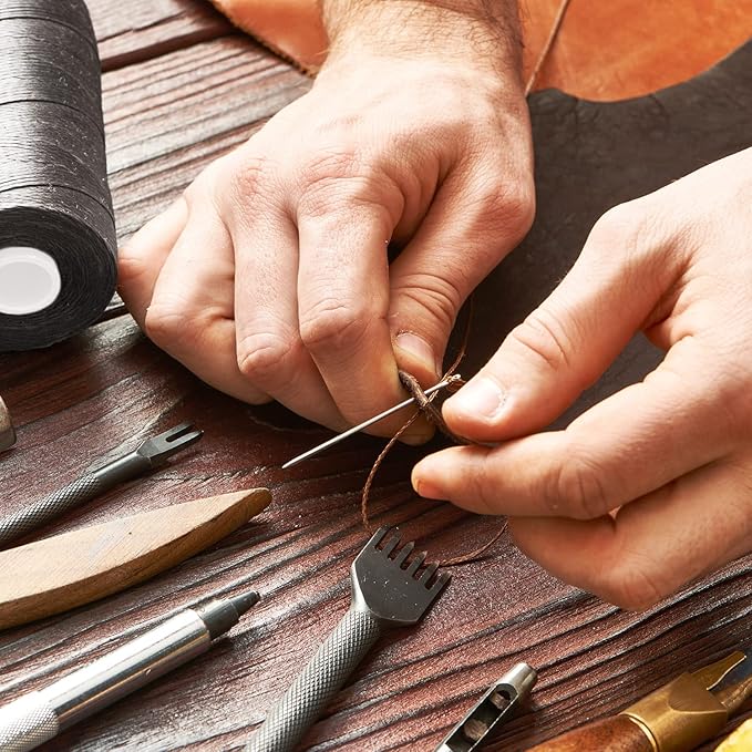 110Yards Waxed Thread with 7 Pcs Leather Needles for Hand Sewing - 150D Flat Waxed Thread - Leather Repair Needles for Upholstery, Canvas Bags, Furniture