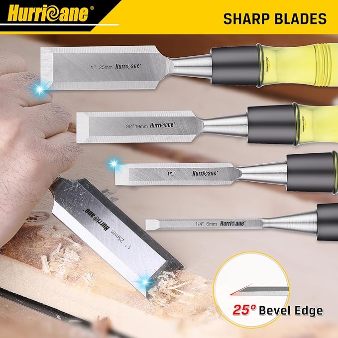 HURRICANE 4 Piece Wood Chisel Set for Woodworking. CR-V Steel Beveled Edge Blades with Safety Caps. Durable PVC High Impact Handle, for Precision Carving & DIY Projects (1/4", 1/2", 3/4", 1")