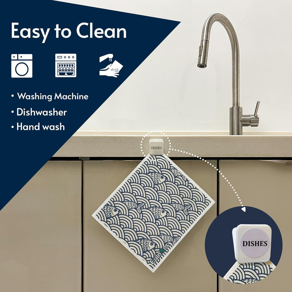 Swedish Dishcloths for Kitchen, 8 Pack Japanese Pattern Reusable Paper Towels with Clips, Non-Scratch Swedish Dish Towels, Super Absorbent Cellulose Dish Cloths, No Odor