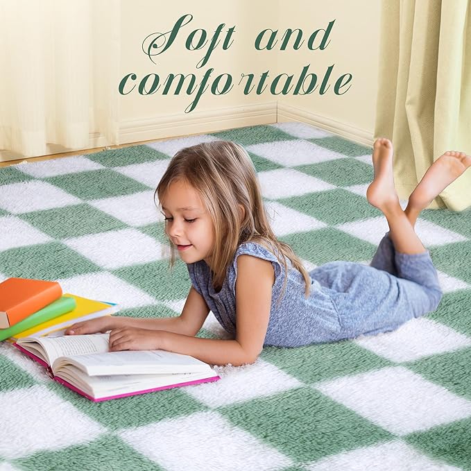 Super Soft Rug for Bedroom, 5x7 ft Sage Green and White Area Rug Classic Checkered Shaggy Anti-Skid High Pile Soft Fluffy Rug Fuzzy Carpet for Living Room Bedroom Kids Room Nursery, Dorm
