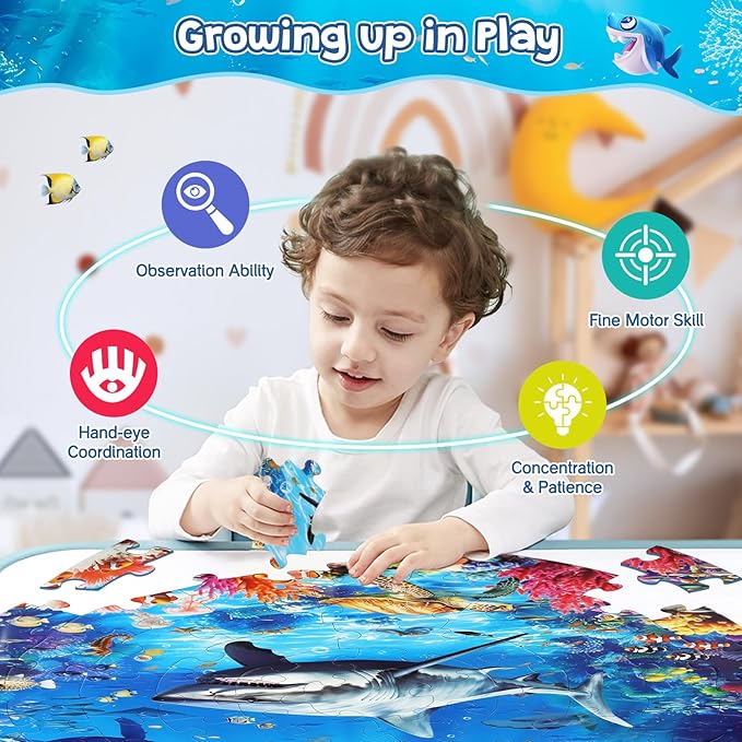 Underwater Ocean Floor Puzzle for Kids Ages 4-6, Shark Toys for Boys Girls, 70 Pieces Large Jigsaw Shark Puzzles for Kids Ages 3-8, Educational Ocean Animals Toys for Birthday Christmas