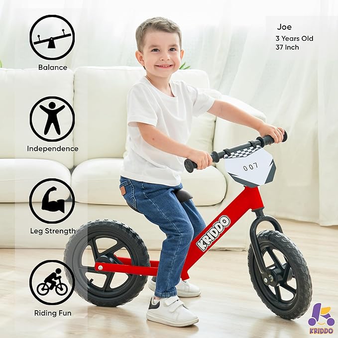 KRIDDO Toddler Balance Bike 2 Year Old, Age 18 Months to 5 Years Old, 12 Inch Push Bicycle with Customize Plate (3 Sets of Stickers Included), Steady Balancing, Gift Bike for 2-3 Boys Girls, Red