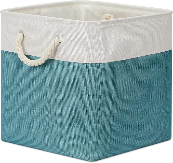 Bidtakay Fabric Baskets for Closets Shelves Lined Set of 3 Large Square Collapsible Storage Bins for Organizing 13 X 13 Cube Storage Bins for Pantry Organization Storage(Teal Blue)