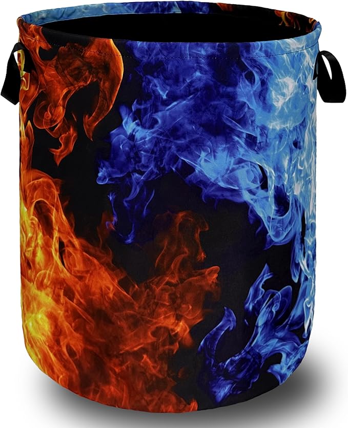 Red Blue Fire Flame Laundry Basket Foldable With Handles Cool Tote Bag Oxford Cloth Colorful Laundry Hamper Clothes Storage Bucket Toy Organizer For Bathroom/Laundry/Bedroom 18.9" x 16.5 "