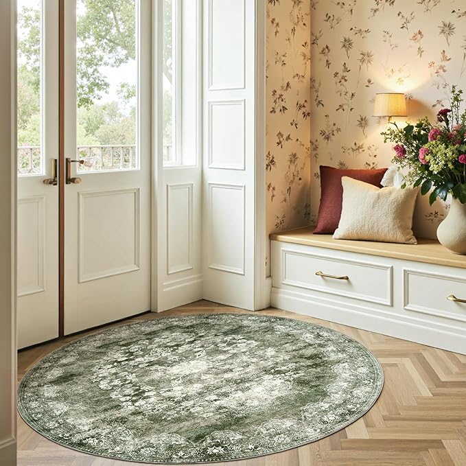 jinchan Round Rug 5ft Area Rug - Green Vintage Floor Mat Kitchen Indoor - Washable Circle 5' Thin Floral Print Carpet Retro Farmhouse Non Slip Dining Room Living Room Bedroom Office