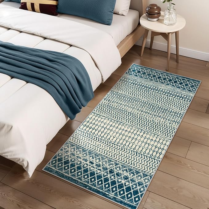 Moroccan Small Rug for Bedroom 2x4, Soft Non-Slip Indoor Door Mats for Entryway, Low-Pile Non-Shedding Blue Rug Vintage Rugs for Kitchen Bathroom Laundry Room