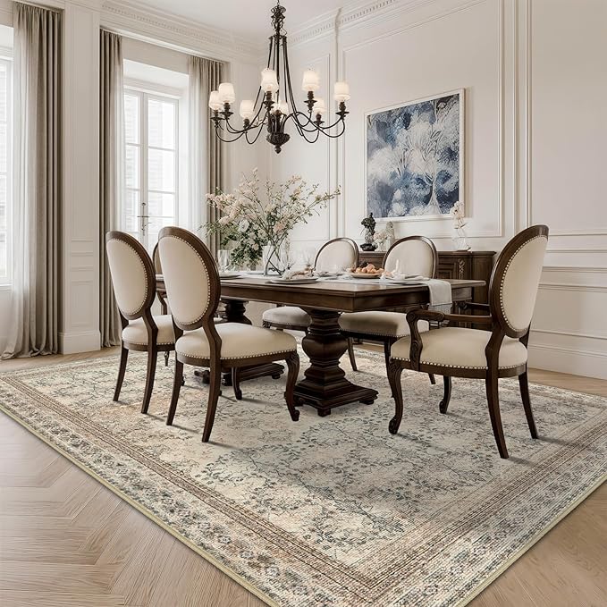 Large 8x10 Washable Area Rug for Living Room, No Shedding Vintage Floral Print Rugs Non Slip, Indoor Foldable Thin Retro Accent Carpet for Bedroom Farmhouse Dining Room Beige/Pink/Orange