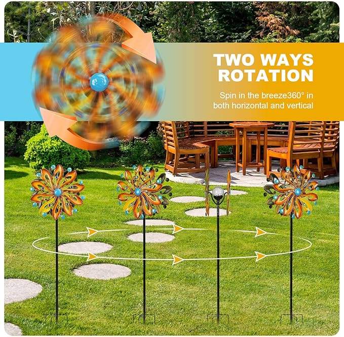 Wind Spinners for Yard and Garden - Wind Sculptures & Spinners 75 in Garden Kinetic Art with Solar Powered Multi-Color Glass Ball Light - Gradient Brown