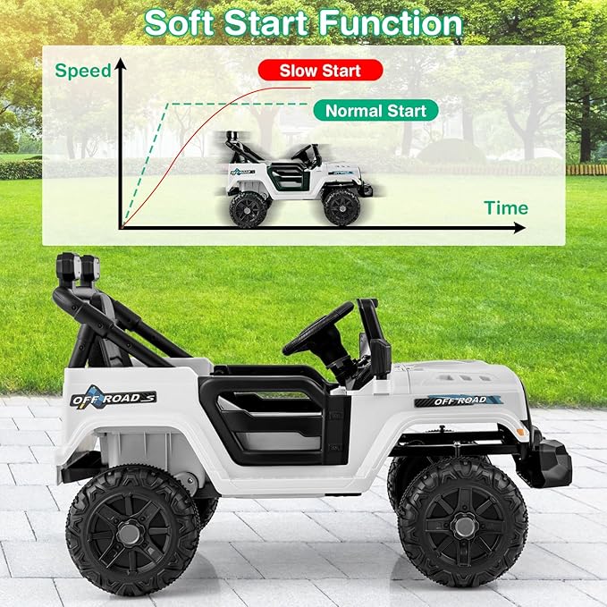 Costzon 12V Kids Ride on Truck Car, Electric Vehicle w/Remote Control, Threaded Wheels, 3 Speeds, LED Lights, Music, Horn & Wireless Connection, Battery Powered Ride on Toy for Boys & Girls 3+ (White)