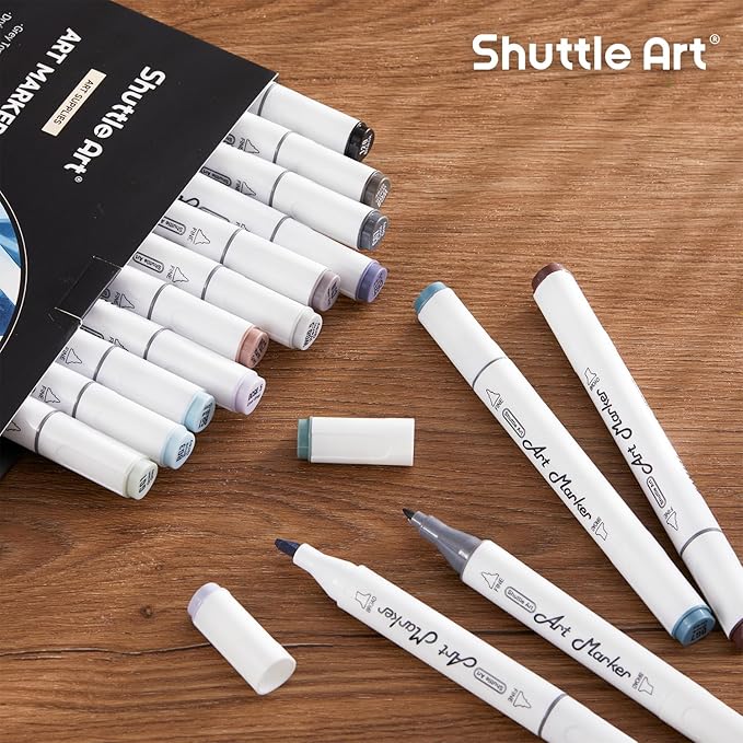 Shuttle Art 15 Colors Grey Tones Dual Tip Art Marker, Alcohol Based Marker Pens Double Ended with Fine and Chisel Point Tips Perfect for Drawing,Shading,Sketching,Designing,Outlining,Illustrating