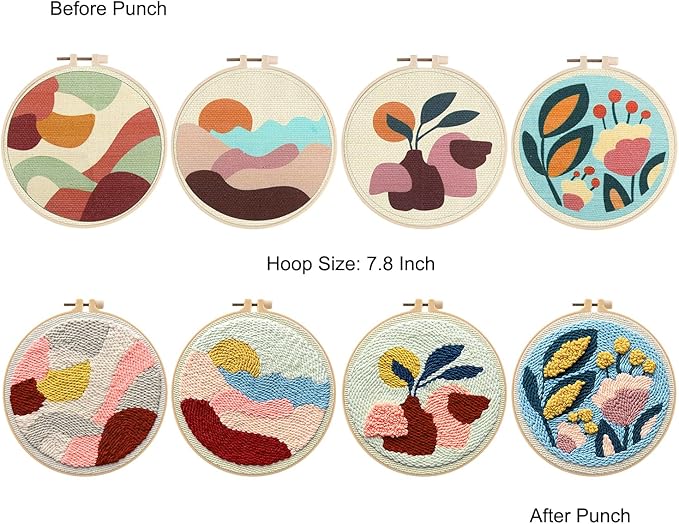Anidaroel 4 Sets Punch Needle Kit, Punch Needles Kits for Adults Beginner, Needle Punch Kit, Punch Needle Tool with Stamped Fabric, Hoops, Yarns and Sewing Needle