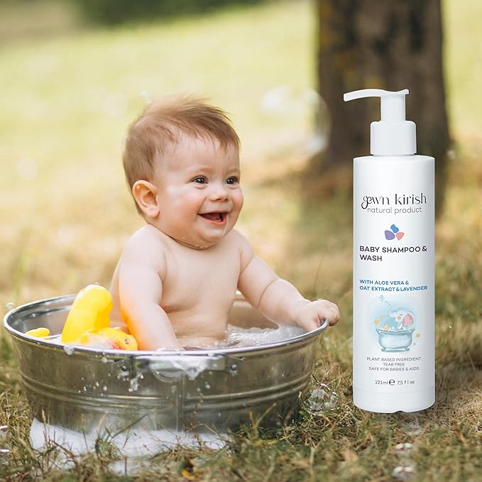 Gew’n Kirish Natural Baby Shampoo & Body Wash – Tear-Free, Hypoallergenic Cleanser with Lavender Oil, Aloe Vera & Oat Extract, Plant-Based, Vegan, Sulfate-Free Formula, 7.5 fl oz