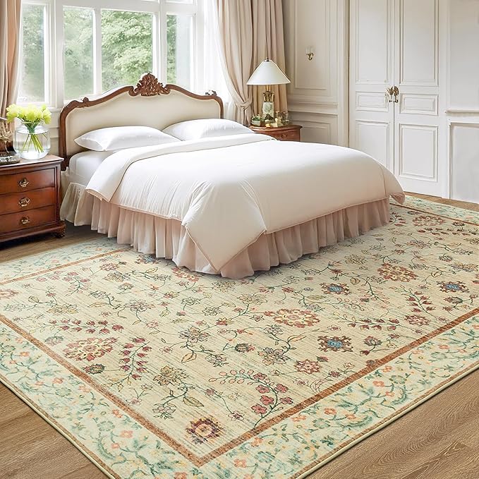 LOCHAS Washable Area Rugs 6x9, Beige Floral Rug for Living Room Bedroom Non Slip, Ultra Soft Vintage Indoor Carpet for Kids, Nursery, Dorm, Dining Room, Classroom, Boho Flower Home Decor, Low-Pile