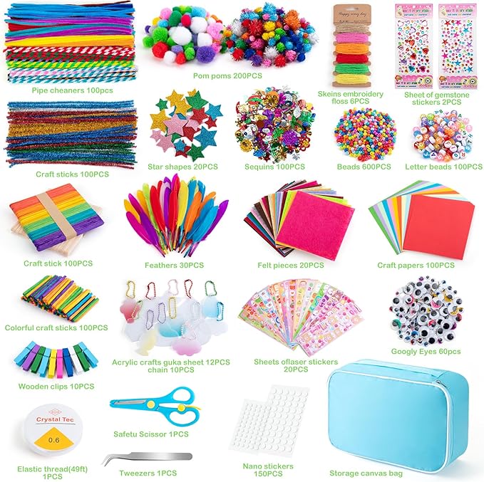 Sundaymot Arts and Crafts Supplies for Kids, 2000+Pcs DIY Craft Kits, Ages 6-10, Unisex, Multicolor, Modern, Includes Oxford Cloth Bag, Safetu Scissors