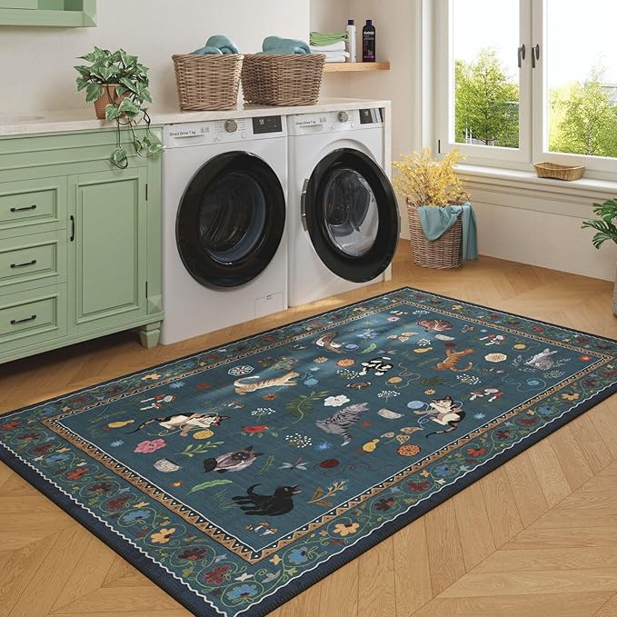 Rugcomf Bedroom Rug 3x5 Rug Washable Area Rug Non Slip Low Pile Boho Floral Animal Cat Small Carpet for Bedside Kitchen Entryway Kids Room Office College Dorm Essentials for Girls, Pearl Gentian Blue