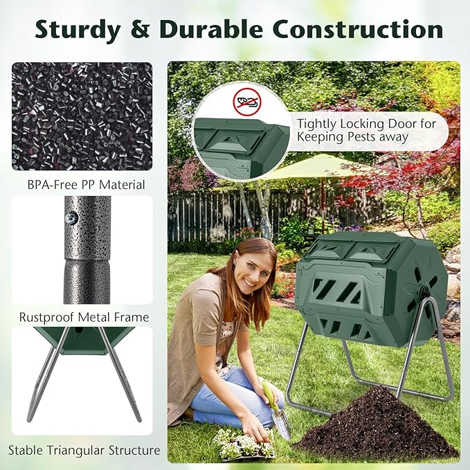 Goplus Compost Bin, Outdoor 42-Gal Dual Chamber Composting Tumbler w/2 Sliding Doors, Heavy-Duty Metal Frame, 360° Rotatable Tumbling Composter, BPA-Free Compost Tumbler for Kitchen Garden Yard Waste