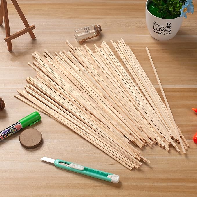 1/8" x 12" Square Wooden Dowel Rods Wood Square Dowels for Crafting, 100PCS Small Unfinished Wood Craft Sticks Hardwood Sticks Wooden Strips for Arts and DIYers, Miniature Buildings, Woodworking