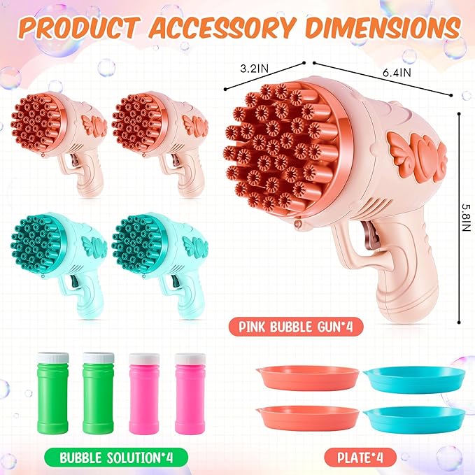 ShinyRelief 4 Pack Wedding Bubble Guns 32 Holes with Light, 4 Bottles Solution, Romantic Bubble Maker for Outdoor Ceremony, Wedding Party Favors, Photo Props, Reception Entertainment(Green and Pink)