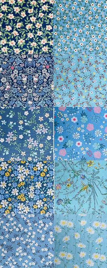 HANPATQUI 50PCS 12 x 12 inch Blue Printed 100% Cotton Fat Quarters Fabric for Sewing and Quilting Bundles Precut Fabric Square for DIY Craft Patchwork