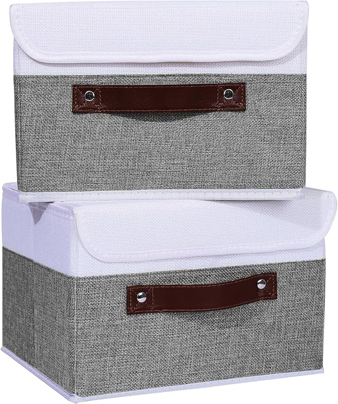 ANMINY 4PCS Storage Boxes with Lid Washable Decorative Storage Bins Basket with PU Leather Handle Foldable Linen Fabric Storage Cubes Containers for Home Closet Organizer - Gray White, Small Size