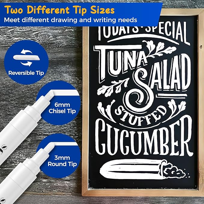 SFAIH 6 White Chalk Markers for Blackboard - [1s Wet Wipe] - No Residue, Liquid Chalk Markers for Blackboard Menu, Bistro, Signs, Windows, Glass, Food Labels, 6mm Reversible Tips, Dust-Free, Non Toxic