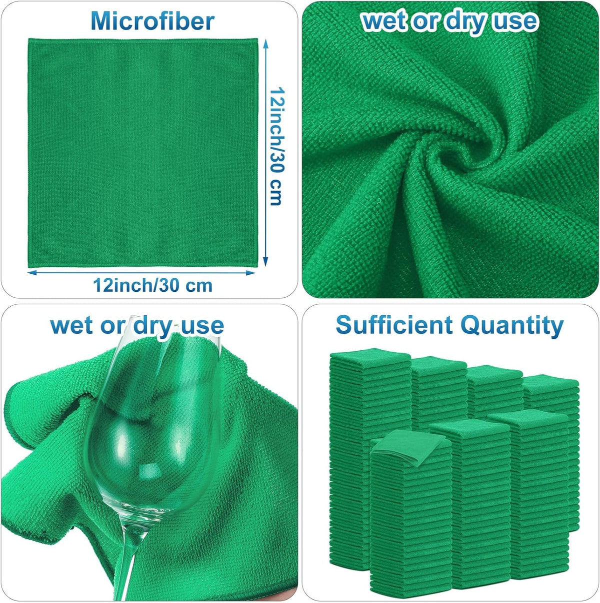 Tenare 100 Pack 12'' x 12'' Microfiber Cleaning Cloths Reusable Cleaning Rags Bulk Microfiber Towels Softer Highly Absorbent Washcloths for House Kitchen Car Window(Green)