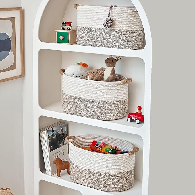 Storage Baskets for Organizing | 15"x10.2"x9.1" - 1 Pack Nursery Bin with Handles - Woven Cotton Rope Baskets for Dog Toys, Books, Shelf, Bathroom,Closet -Stylish Storage | White & Beige
