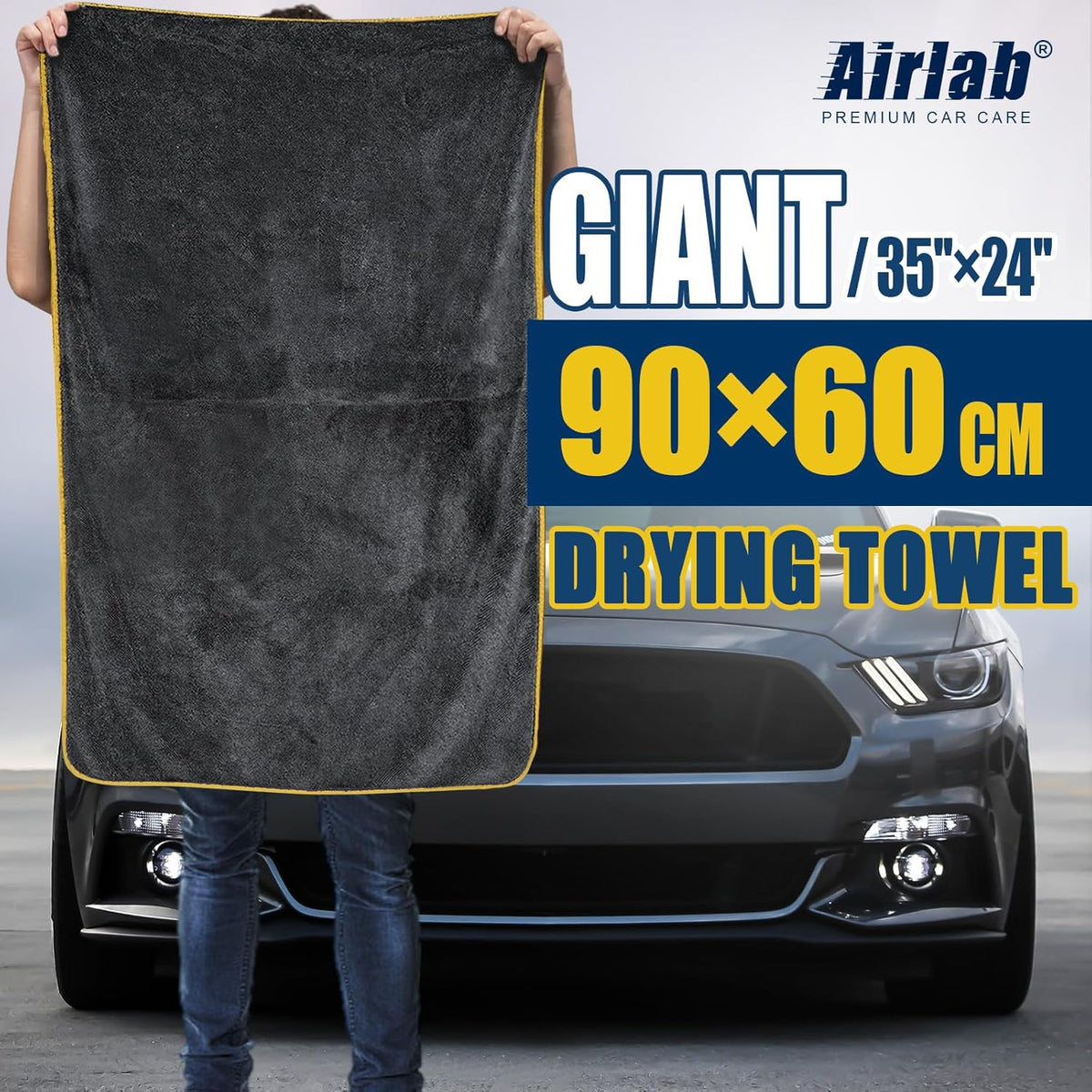Airlab Microfiber Towels for Cars Wash Drying Extra Large Super Absorbent Cleaning Cloth Auto Detailing Ultra Soft, Lint-Free, Streak-Free, 35 x 24 Inch, Pack of 1, Grey-Yellow, 600 GSM