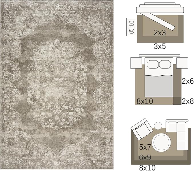 jinchan Washable Area Rug 3x5 Entryway - Soft Distressed Vintage Floral Indoor Bedroom Rug Faux Wool Low Pile Small Oriental Accent Carpet for Kitchen,Entrance,Bedside,Dining Room(Brown,3'x5')