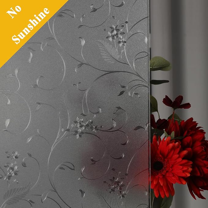 Mikomer Privacy Window Film Etched Flowers Static Cling Glass Door Film, Non Adhesive Heat Control Anti UV Window Cling for Office and Home Decoration,35 inches by 78.7 inches